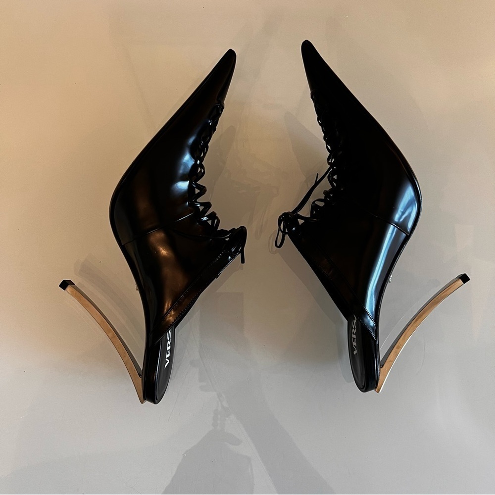 VERSACE 110mm lace-up leather pointed toe mule heels - Picture 11 of 16
